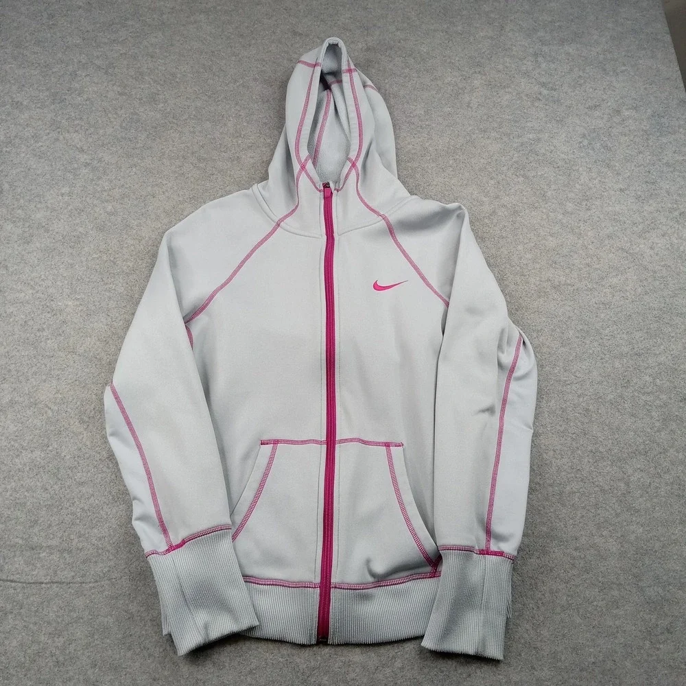 Nike Hoodie Womens Medium Gray Therma-Fit Full Zip Fleece Pink Trim 484953-013